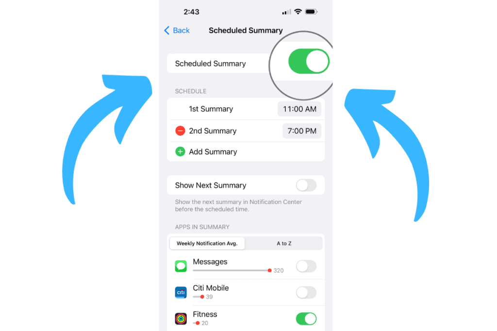 how to turn on off scheduled summary for iphone notifications